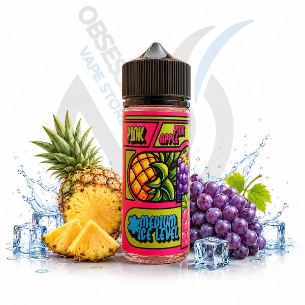 spronkles salty Vape juice bottle with pineapple, grapes, and ice cubes on a white background