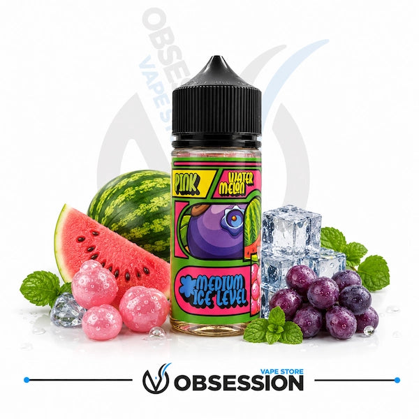 Sprinkles Salty vape juice bottle with watermelon, grapes, and ice cubes on a white background