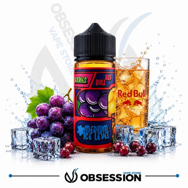 Red Bull-themed vape juice bottle with grapes, ice cubes, and a glass of juice on a white background.