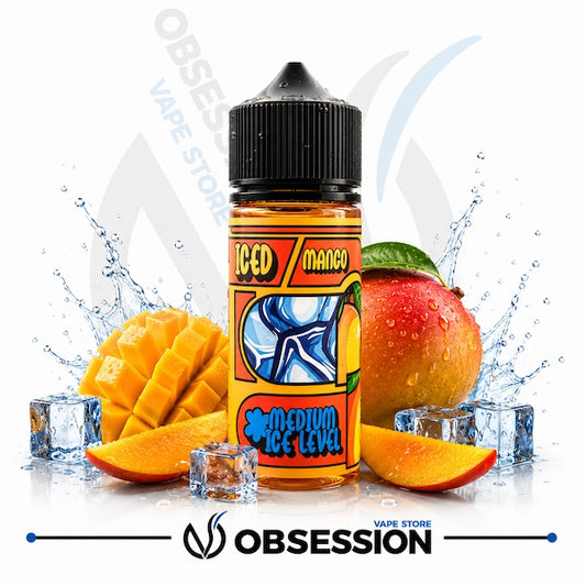 Mango-flavored vape juice bottle with mango slices and ice cubes on a white background, featuring the Obsession Vape Store logo.