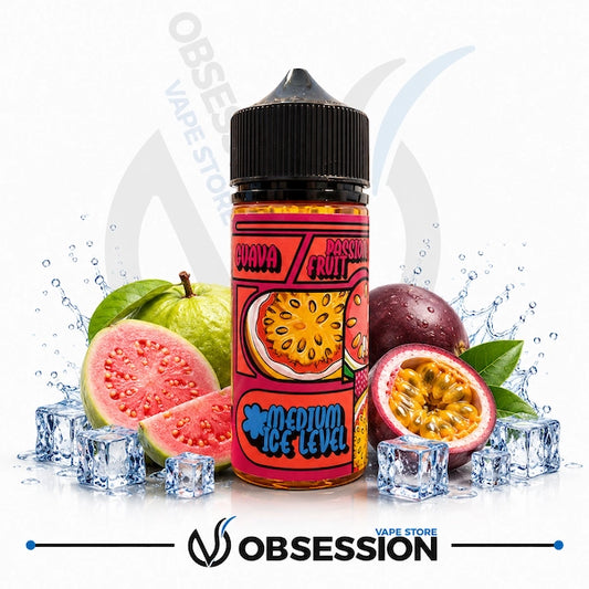 Vape juice bottle with guava, passion fruit, and ice cubes on a white background