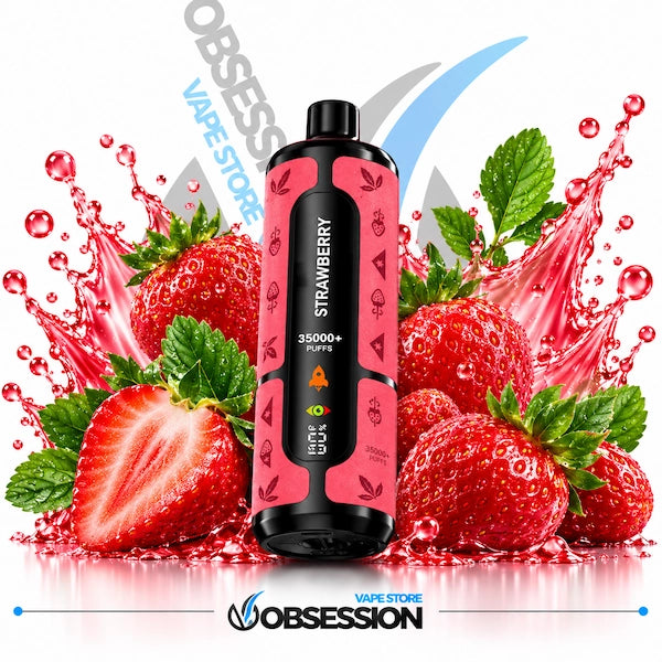 A black and pink Obsession vape device labeled 'Strawberry' stands in front of a stylized arrangement of fresh strawberries and mint leaves with red liquid splashes on a white background. The Obsession Vape Store logo appears at the top and bottom.