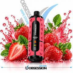 A black and pink Obsession vape device labeled 'Strawberry' stands in front of a stylized arrangement of fresh strawberries and mint leaves with red liquid splashes on a white background. The Obsession Vape Store logo appears at the top and bottom.