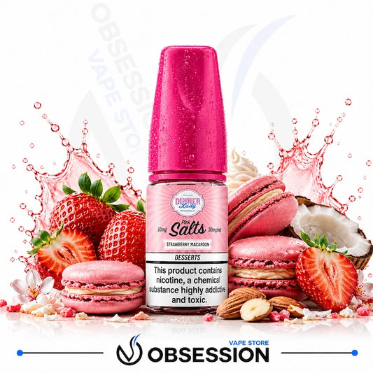 Strawberry Macaroon Salt 30ml By Dinner Lady.webp shows a Dinner Lady Strawberry Macaroon Salts vape juice bottle with a vibrant pink cap, surrounded by whole and halved fresh strawberries, a pink flower, several pink macaroons, a cracked coconut shell revealing its white flesh, scattered almonds, and dynamic pink liquid splashes on a white background.