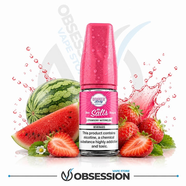 Strawberry Watermelon Salt 30ml By Dinner Lady.webp shows a Dinner Lady Strawberry Watermelon Salts vape juice bottle with a vibrant pink cap, covered in small water droplets. The bottle is beautifully framed by fresh fruit elements: