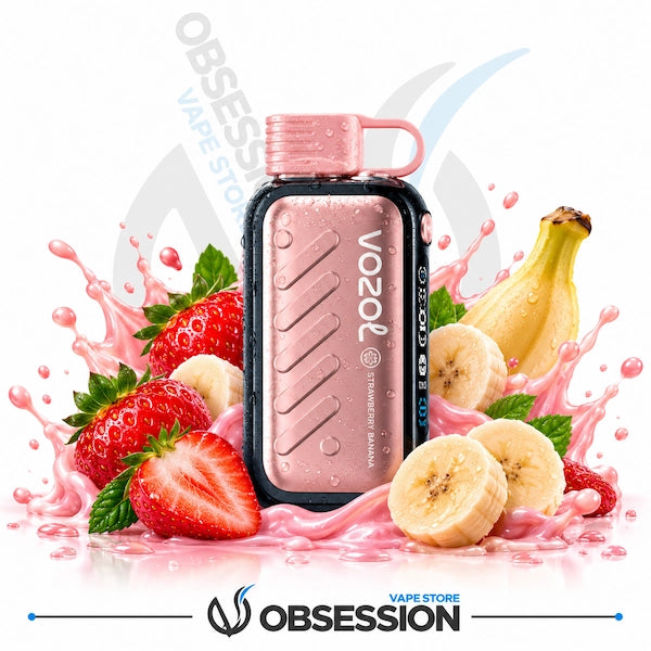 A Voozol disposable vape device in pink and black, surrounded by fresh strawberries, sliced bananas, and pink drink splashes on a white background, with Obsession Vape Store branding.