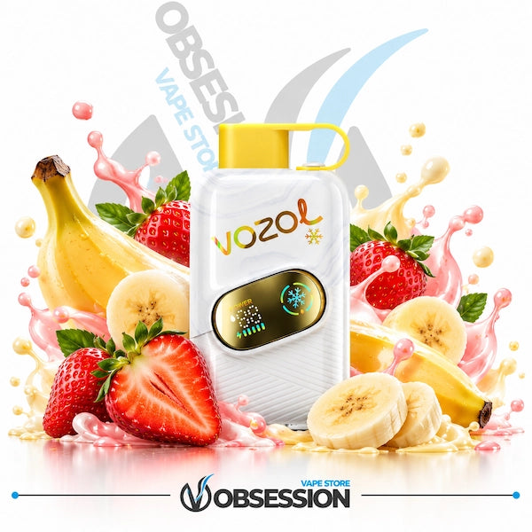 A white Vozol vape device with a yellow mouthpiece and a gold digital display, surrounded by fresh fruit slices, strawberries, and banana splashes on a white background. The Obsession / Obsesi Vape Store branding is visible.