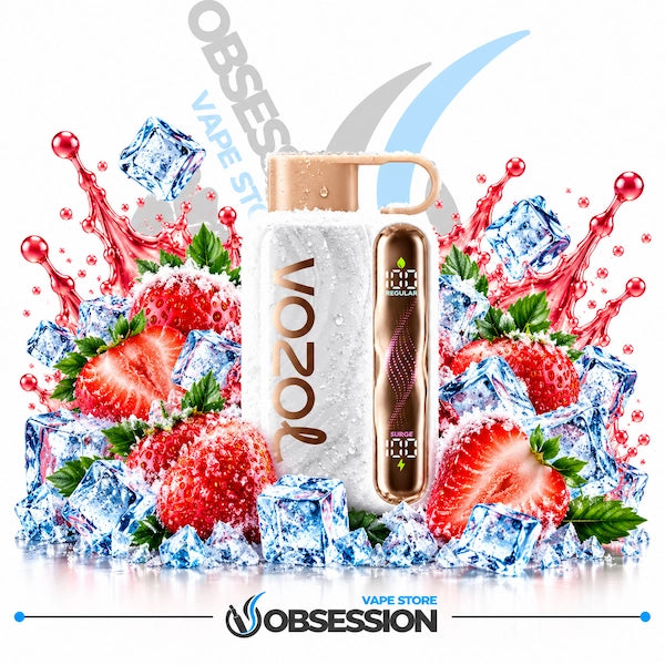 A VOOZ vape device with a white body and rose gold accents, surrounded by ice cubes, strawberries, and red liquid splashes on a white background with Obsession branding.