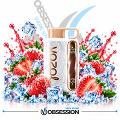 A VOOZ vape device with a white body and rose gold accents, surrounded by ice cubes, strawberries, and red liquid splashes on a white background with Obsession branding.