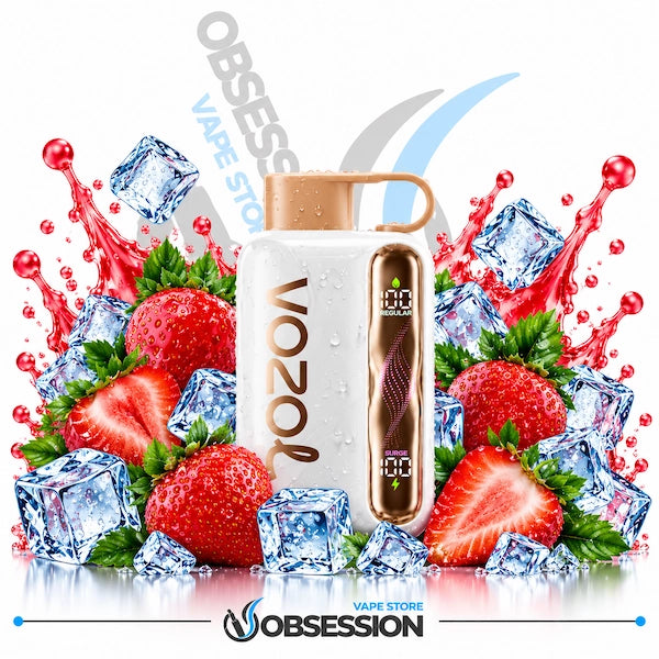 A white and rose gold VOOOO vape device surrounded by fresh strawberries, ice cubes, and red liquid splashes on a white background, with the Obsession Vape Store logo visible.