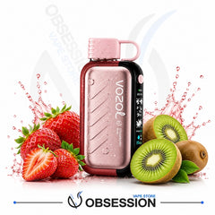 A Vozol vape device in metallic rose gold with a black side panel and a pink mouthpiece, surrounded by fresh strawberries, kiwi slices, and water splashes on a white background. The Obsession Vape Store logo is visible at the bottom.
