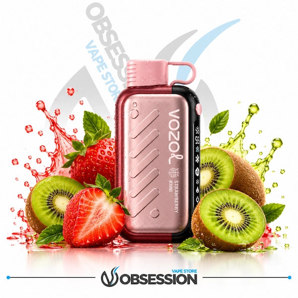 A Vooz Mini vape device in metallic rose gold, surrounded by fresh strawberries, kiwi slices, mint leaves, and liquid splashes on a white background with Obsession Vape Store branding.