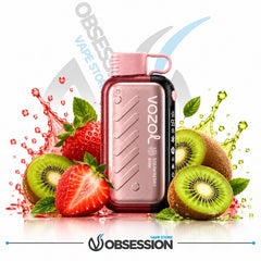 A Vooz Mini vape device in metallic rose gold, surrounded by fresh strawberries, kiwi slices, mint leaves, and liquid splashes on a white background with Obsession Vape Store branding.