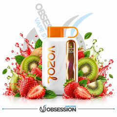 A white Vozol disposable vape device with an orange mouthpiece and handle, surrounded by fresh strawberries, kiwi slices, and red fruit splashes on a white background. The Obsession brand logo is visible at the bottom.
