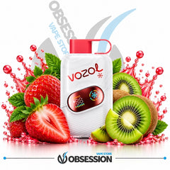 A Vozol vape device with a white body, red mouthpiece, and digital display screen, surrounded by fresh strawberries, kiwi slices, and red water splashes on a white background. The Obsession / Obsess vape store branding is visible at the bottom and as a watermark.