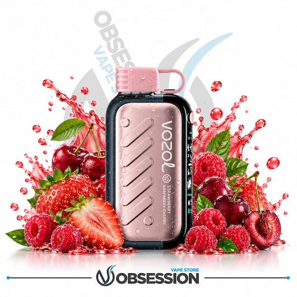 A Vozol disposable vape device in a metallic rose gold finish with a pink mouthpiece, surrounded by fresh strawberries, raspberries, cherries, and water splashes on a white background with Obsession branding.