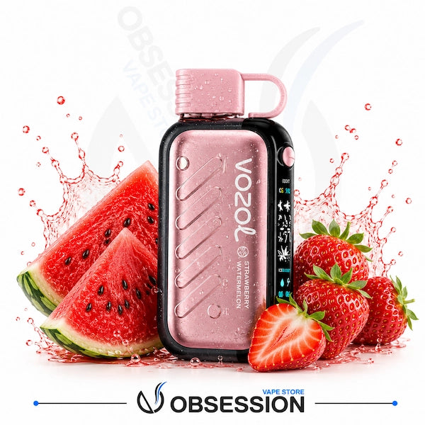 A Vozol disposable vape device in metallic rose gold with a black base, surrounded by fresh watermelon slices and strawberries with water splashes, on a white background with the Obsession Vape Store logo at the bottom.