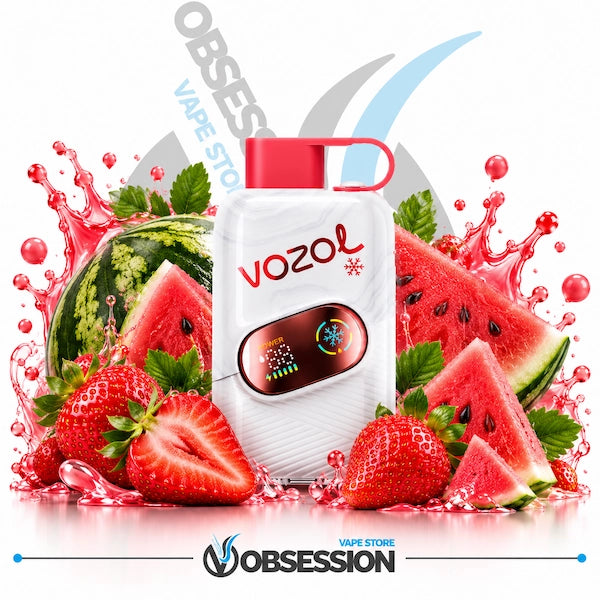 A Vozol vape device with a red mouthpiece and a digital display screen, surrounded by fresh watermelon slices, strawberries, and green leaves on a white background with red liquid splashes. The Obsession Vape Store logo is visible at the bottom.