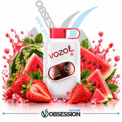 A Vozol vape device with a red mouthpiece and a digital display screen, surrounded by fresh watermelon slices, strawberries, and green leaves on a white background with red liquid splashes. The Obsession Vape Store logo is visible at the bottom.