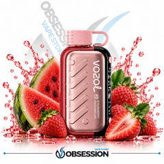 A pink and rose gold Vozel Strawberry Watermelon disposable vape device, surrounded by fresh watermelon slices, strawberries, and liquid splashes on a white background with Obsession Vape Store branding.