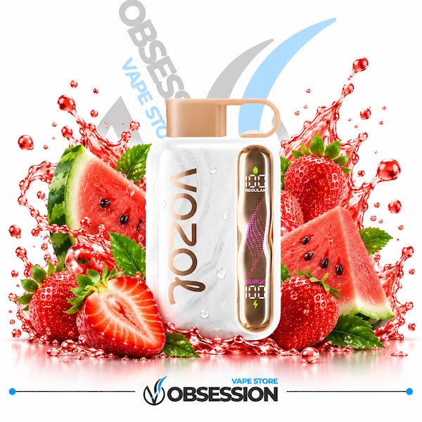 A white VOZOL vape device with a beige mouthpiece and a clear side window showing a purple coil, surrounded by fresh watermelon slices, strawberries, and green leaves with red fruit splashes on a white background. Obsession branding is visible.
