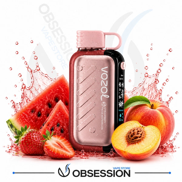 A Vozol disposable vape device in a metallic rose gold finish with a pink mouthpiece, surrounded by fresh watermelon slices, strawberries, and peaches with a red liquid splash effect, on a white background with the Obsession brand logo at the bottom.