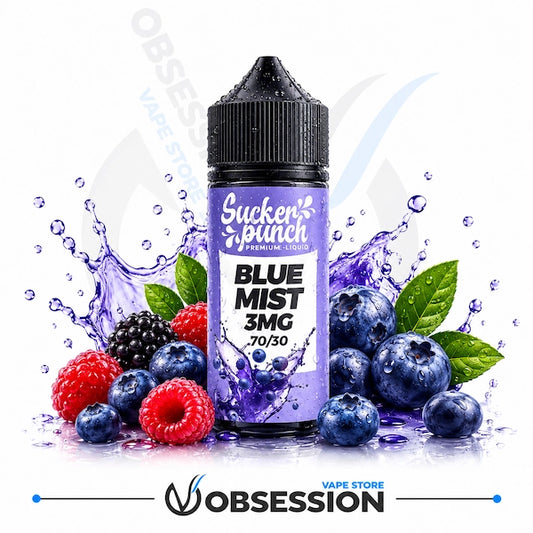 A bottle of Sucker's Punch Premium E-liquid in the Blue Mist 3MG flavor, surrounded by fresh blueberries, raspberries, blackberries, and a blueberry juice splash on a white background with a Obsession store watermark.