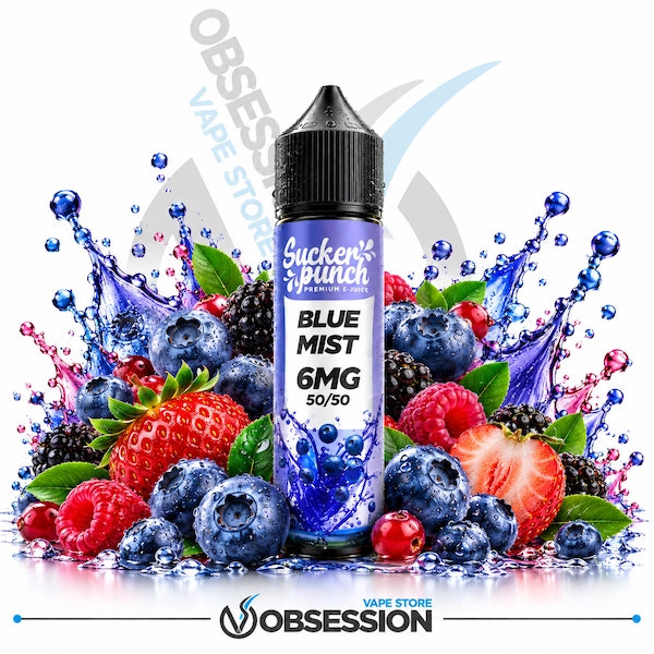A bottle of Sucker Punch Blue Mist 6MG e-liquid centered against a white background, surrounded by a dynamic splash of blue liquid and fresh berries including strawberries, raspberries, blueberries, and blackberries. The Obsession vape store logo is visible at the bottom.