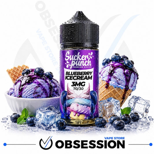 A bottle of Sucker Punch Premium E-liquid in Blueberry Ice Cream flavor, 3MG 70/30 ratio, displayed on a white background with ice cream cones and bowls of blueberry ice cream, blueberries, and ice cubes.