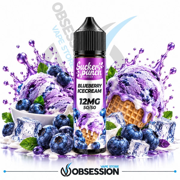 A bottle of Sucker Punch Blueberry Icecream vape liquid centered against a white background, surrounded by illustrated blueberries, ice cream scoops, waffle cones, mint leaves, and ice cubes. The bottle label reads 'Sucker Punch Premium E-liquid', 'Blueberry Icecream', '12MG', and '50/50'.