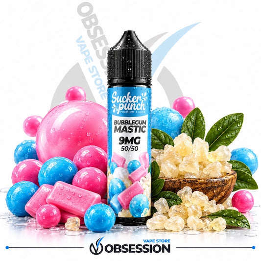 A bottle of Sucker's Punch Bubble Gum Mastic 9MG 50/50 e-liquid centered against a white background, surrounded by pink and blue gummy candies, clear crystals, green leaves, and a large pink sphere. The Obsession VAPE STORE logo is visible at the bottom.
