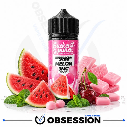 A bottle of Sucker Punch Bubblegum Water Melon 3MG e-liquid centered on a white background, surrounded by watermelon slices, pink gummy candies, cherries, mint leaves, and small pink candies. A large Obsession store watermark is visible at the bottom.