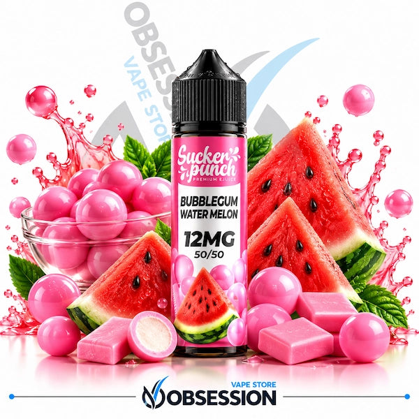 A bottle of Sucker Punch Premium 10 e-liquid in Bubblecumum Watermelon flavor, surrounded by watermelon slices, pink bubblegum, and pink candy cubes on a white background with a Obsession Vape Store watermark.