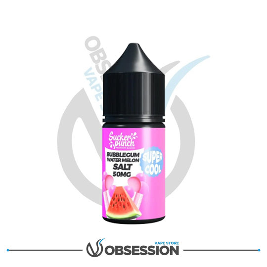 Bottle of bubblegum watermelon salt nicotine e-liquid with pink label on white background