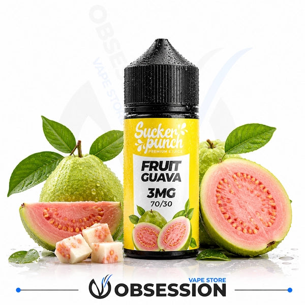 A bottle of Sucker Punch Fruit Guava e-liquid by Obsession Vapes, surrounded by fresh whole and sliced guavas on a white background with a faint watermark and a store logo at the bottom.