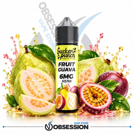 A bottle of Sucker Punch Premium Sauce Fruit Guava 6MG 50/50 e-liquid centered against a white background, surrounded by fresh fruit illustrations and splashes of juice. The bottle label is yellow with black text, and the scene includes green guava, pink passion fruit, and purple berries.