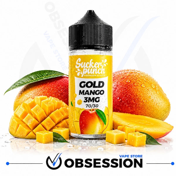 A bottle of Sucker Punch Premium E-liquid in Gold Mango 3MG flavor, surrounded by fresh mangoes, sliced mangoes, and mango cubes on a white background with a 'Obsession Vape Store' watermark at the bottom.