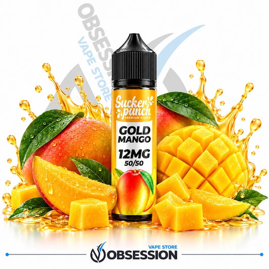 A bottle of Sucker Punch Gold Mango 12mg e-liquid centered against a white background, surrounded by fresh mangoes, mango slices, green leaves, and golden liquid splashes. The bottle label reads 'Sucker Punch Premium E-liquid' and 'GOLD MANGO 12MG 50/50'.
