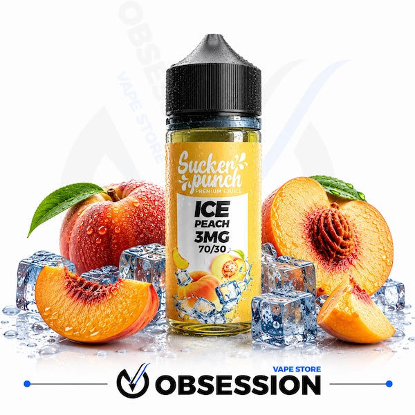 A bottle of Sucker Punch Vapes 'Ice Peach' e-liquid, 30ml, surrounded by fresh peach slices, whole peaches, and ice cubes on a white background with a 'Obsession Vape Store' watermark and logo at the bottom.