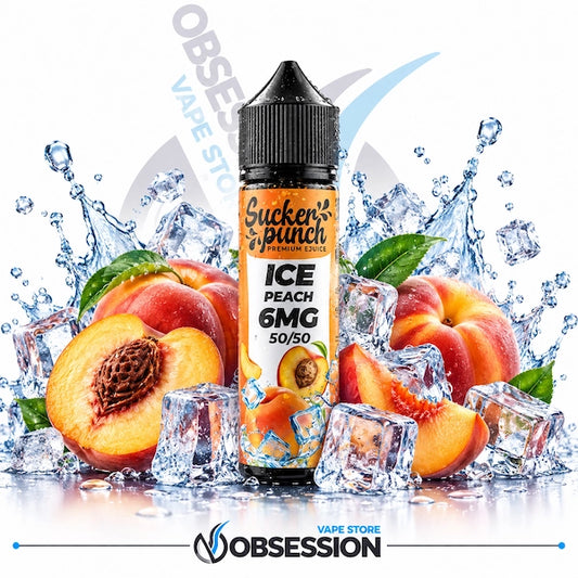 A bottle of Sucker Punch Ice Peach 6MG 50/50 e-liquid by Obsession Vape Store, styled with fresh peaches, peach slices, ice cubes, and water splashes on a white background.
