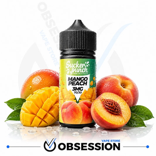 A bottle of Sucker's Punch Mango Peach e-liquid (30ml, 3MG) is centered on a white background, surrounded by fresh mangoes, peaches, and green leaves, with an 'OBSESSION VAPE STORE' watermark at the bottom.