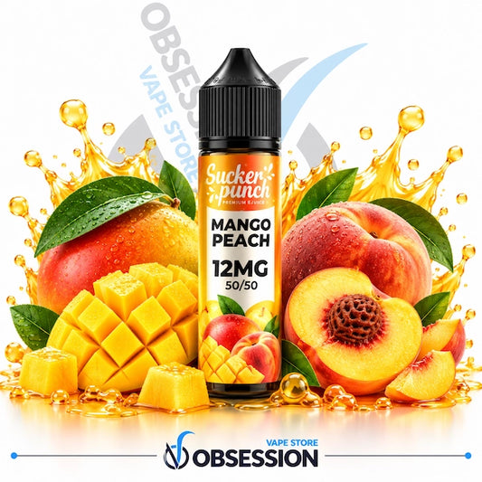 A bottle of Sucker Punch Energy Mango Peach e-liquid centered against a white background, surrounded by illustrated mangoes, peaches, and golden liquid splashes. The bottle label reads 'Sucker Punch Energy' and 'Mango Peach 12MG 50/50'.