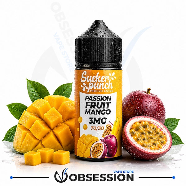 A bottle of Sucker Punch Premium E-liquid in Passion Fruit Mango flavor, surrounded by fresh mangoes, a halved passion fruit, and green leaves on a white background with a Obsession Vape Store watermark.