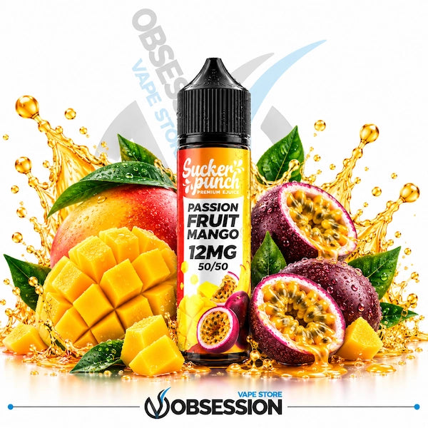 A bottle of Sucker Pinch Passion Fruit Mango e-liquid centered against a white background, surrounded by fresh fruit graphics including a whole mango, sliced mango cubes, halved passion fruit, green leaves, and golden liquid splashes. The bottle label reads 'Sucker Pinch' and 'Passion Fruit Mango 12MG 50/50'.