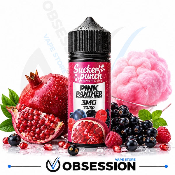 A bottle of Sucker Punch e-liquid in the Pink Panther flavor, surrounded by fresh pomegranate, blueberries, raspberries, cotton candy, and green leaves on a white background with an Obsession store watermark.