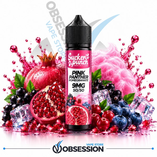 A bottle of Sucker Punch e-liquid in the Pink Panther Pomegranate flavor, displayed in the center of a vibrant graphic arrangement featuring fresh pomegranates, blueberries, ice cubes, and pink cotton candy on a white background with Obession branding.