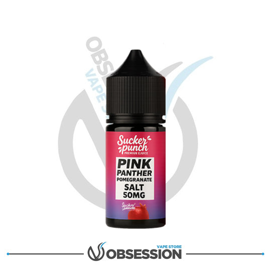Sucker Punch vape juice bottle with pink label on a white background