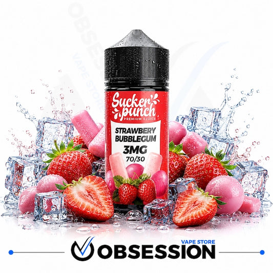 A bottle of Sucker Punch Premium E-liquid in Strawberry Bubblegum 3MG 70/30 flavor, styled with fresh strawberries, pink bubblegum, and ice cubes on a white background with an Obsession VAPE Store watermark at the bottom.