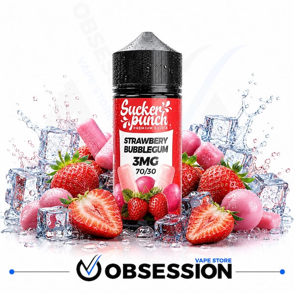 A bottle of Sucker Punch Premium E-liquid in Strawberry Bubblegum 3MG 70/30 flavor, styled with fresh strawberries, pink bubblegum, and ice cubes on a white background with an Obsession VAPE Store watermark at the bottom.