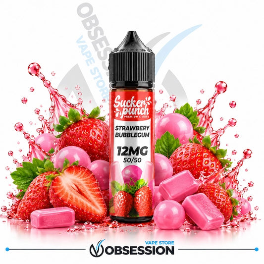 A bottle of Sucker Punch Strawberry Bubblegum e-liquid by Obsession, surrounded by fresh strawberries, pink bubblegum candies, and pink liquid splashes on a white background.